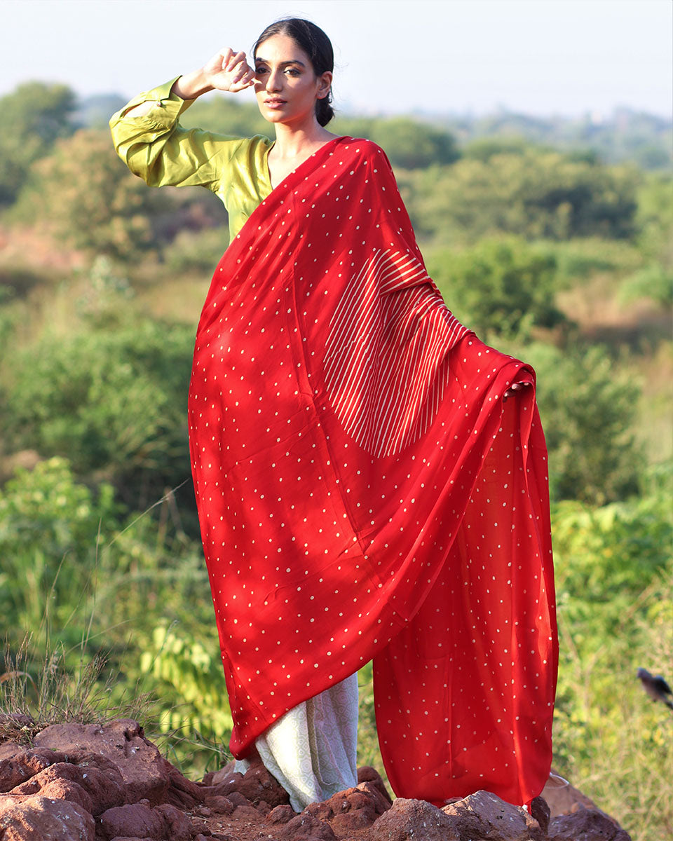 Chidiyaa Red Modal Silk Saree with Unstitched Blouse