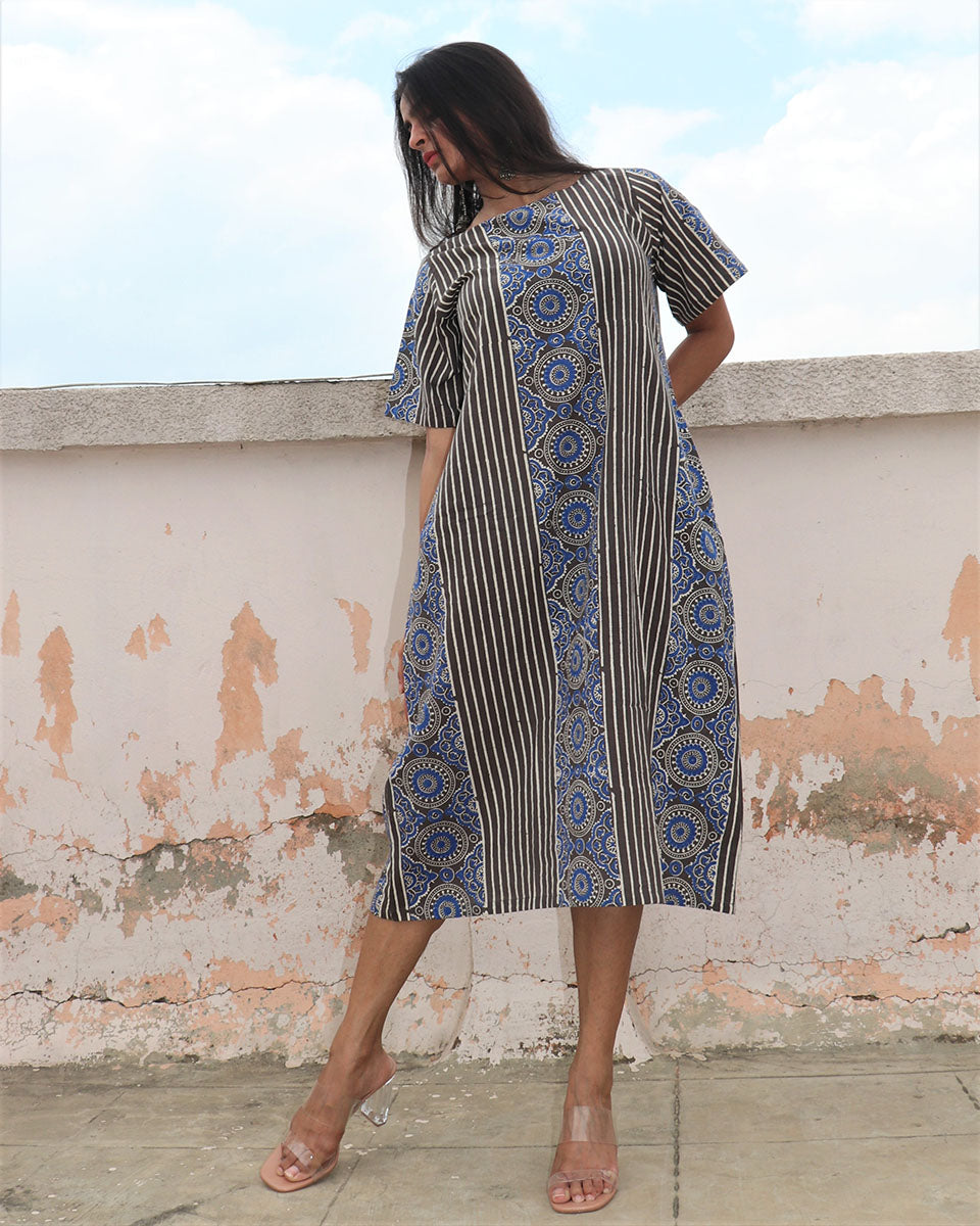 CHIDIYAA Teal Blue Block printed Dress