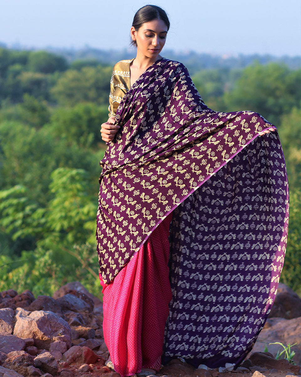 Chidiyaa Purple Modal Silk Saree with Unstitched Blouse