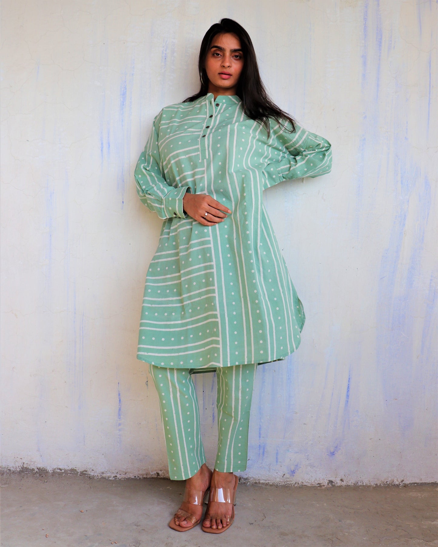 Chidiyaa Mint Green Striped Printed Cotton Kurta (Set of 2)