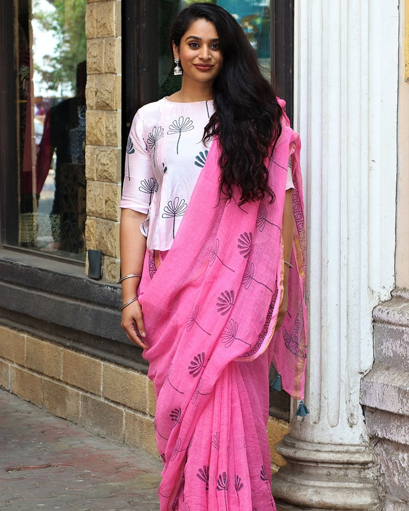 Chidiyaa Pink Chanderi Saree with Unstitched Blouse