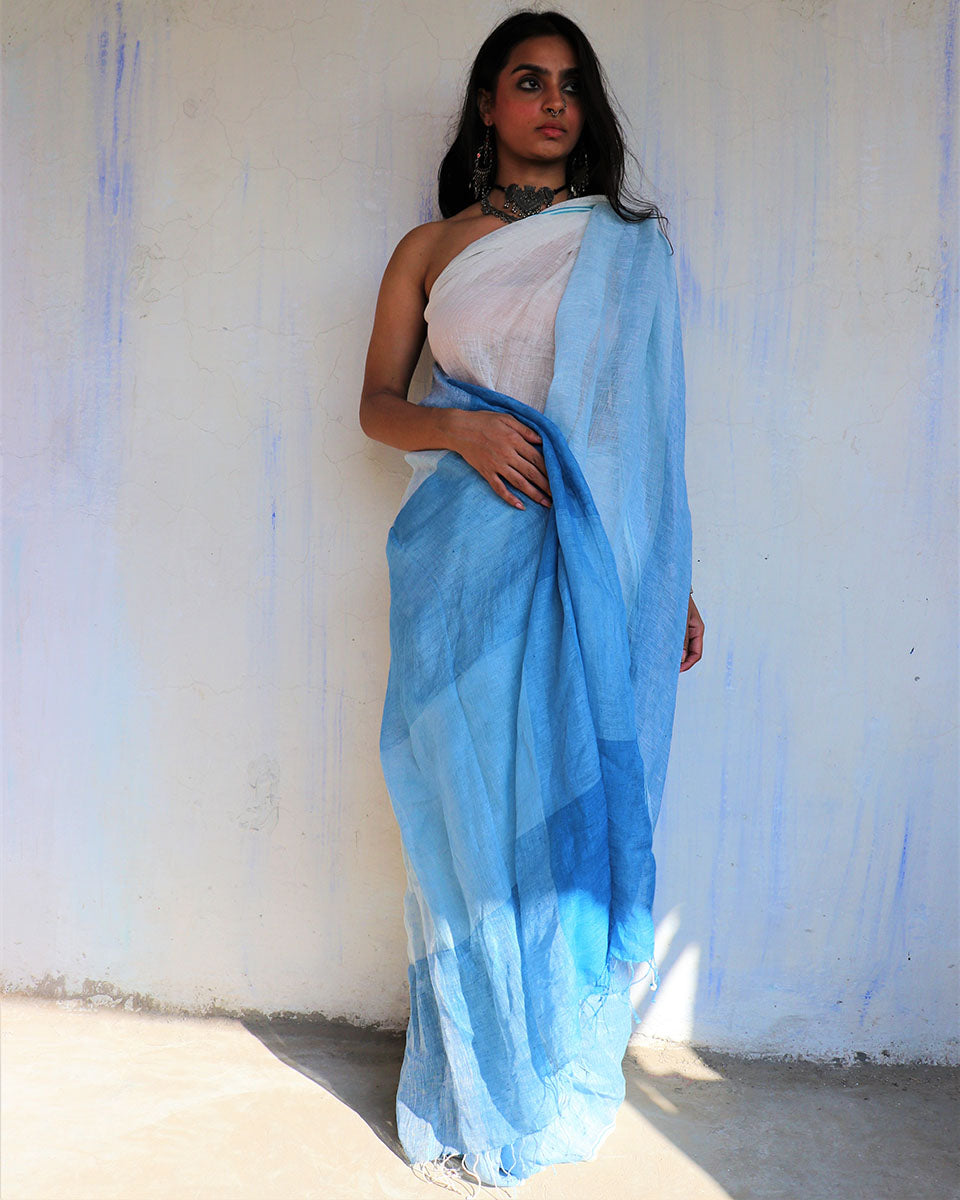 CHIDIYAA Handwoven Blue White Linen Saree without Blouse
