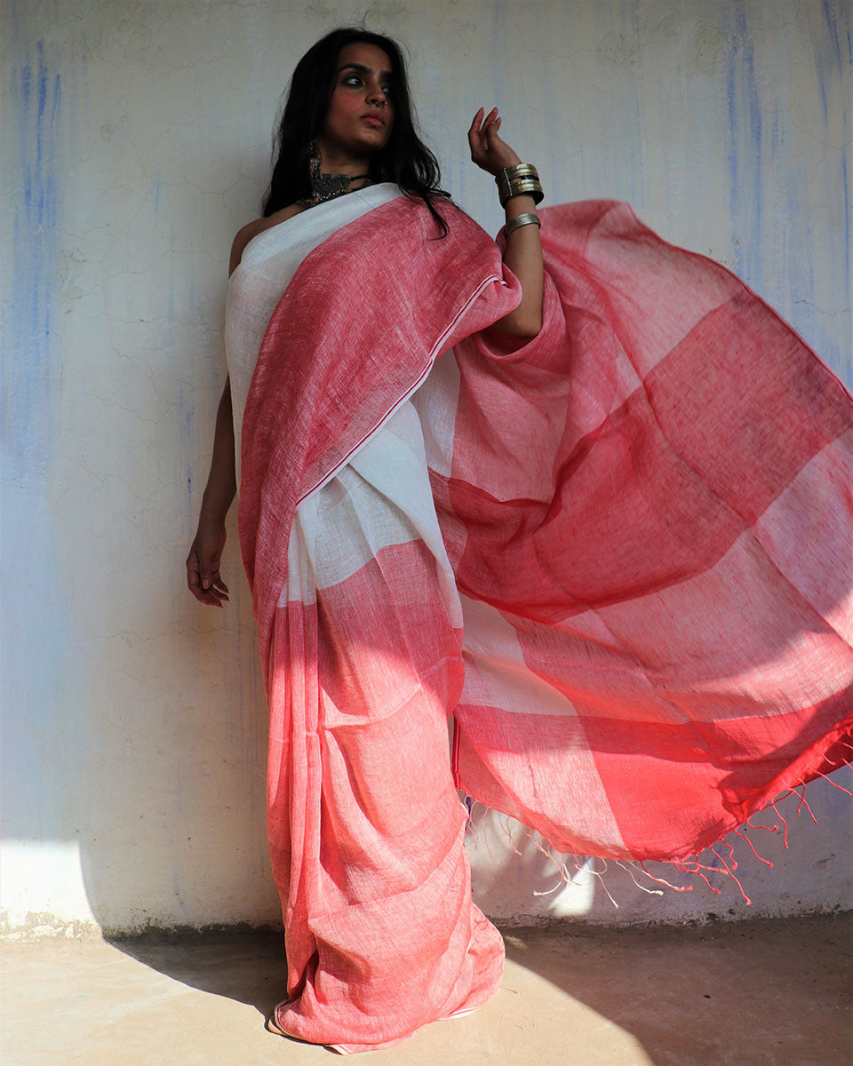 CHIDIYAA Handwoven Red White Linen Saree without Blouse