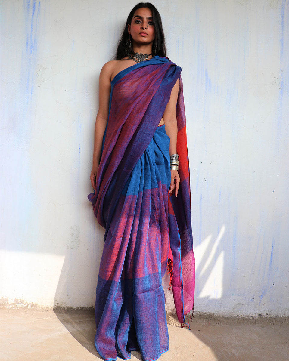 CHIDIYAA Handwoven Purple Blue Linen Saree without Blouse