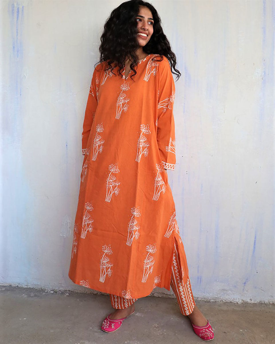 Chidiyaa Orange Cotton Kurta, Pant (Set of 2)