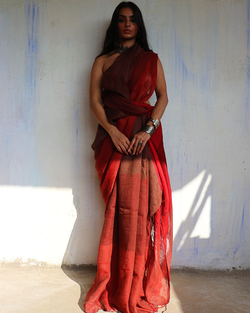 CHIDIYAA Handwoven Maroon Linen Saree without Blouse