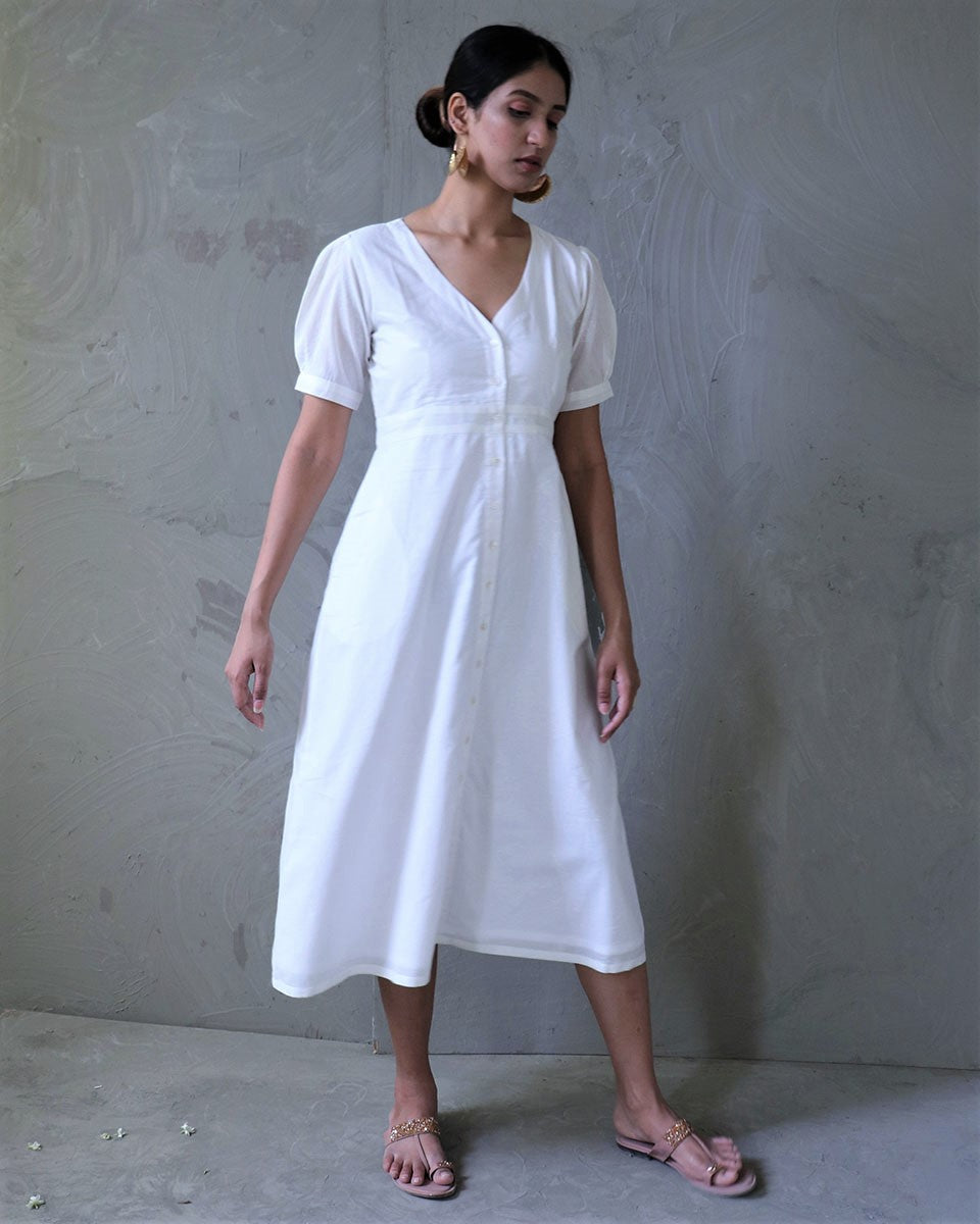 Chidiyaa White V Neck Cotton Dress - Safed