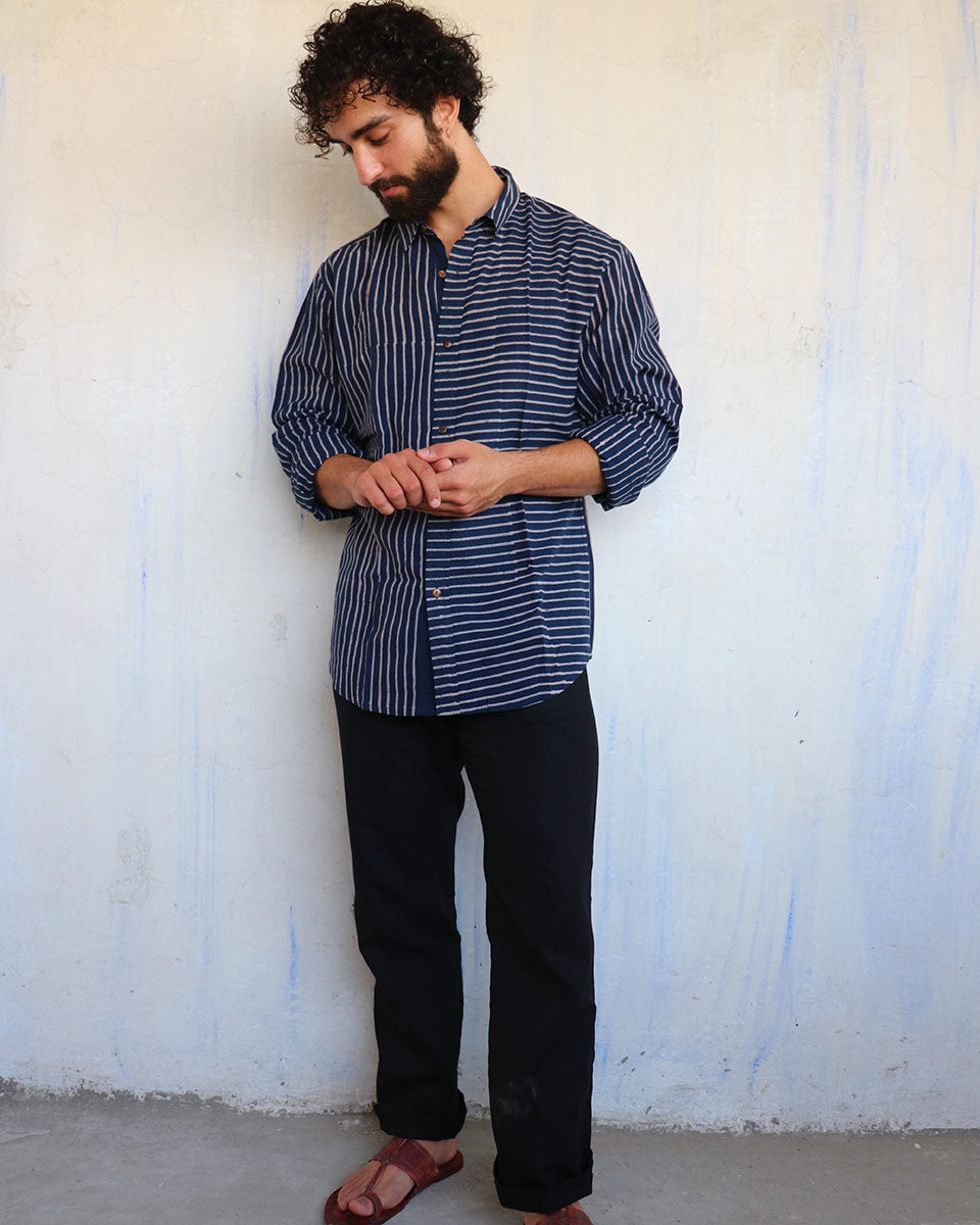 Chidiyaa Navy Blue Mismatched Stripes Block Printed Shirt