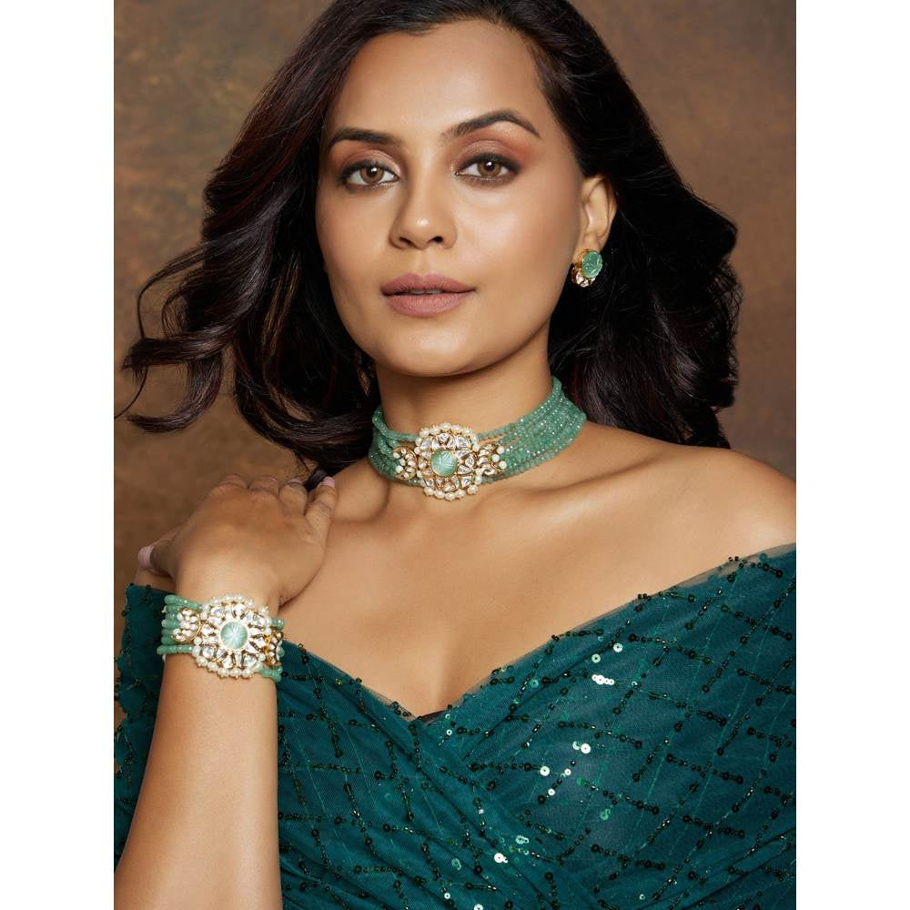 Joules By Radhika Gold Tone Green Polki Bracelet