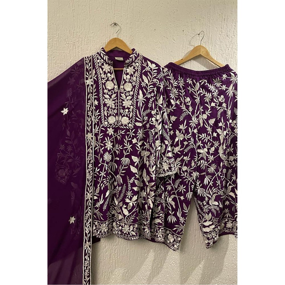 JUHI NANDA Embroidered Kurta with Dupatta-Purple (Set of 3)