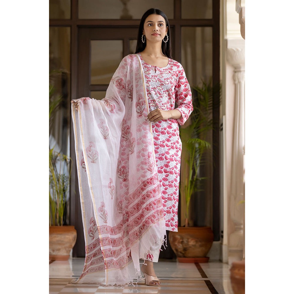 Buy Pink White Hand Block Printed Cotton Suit - Set of 3