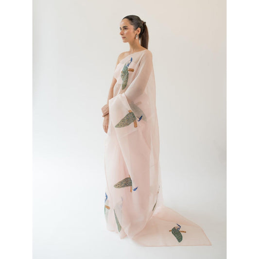 KAPARDARA The indian Peafowl Hand Painted Saree in Pink