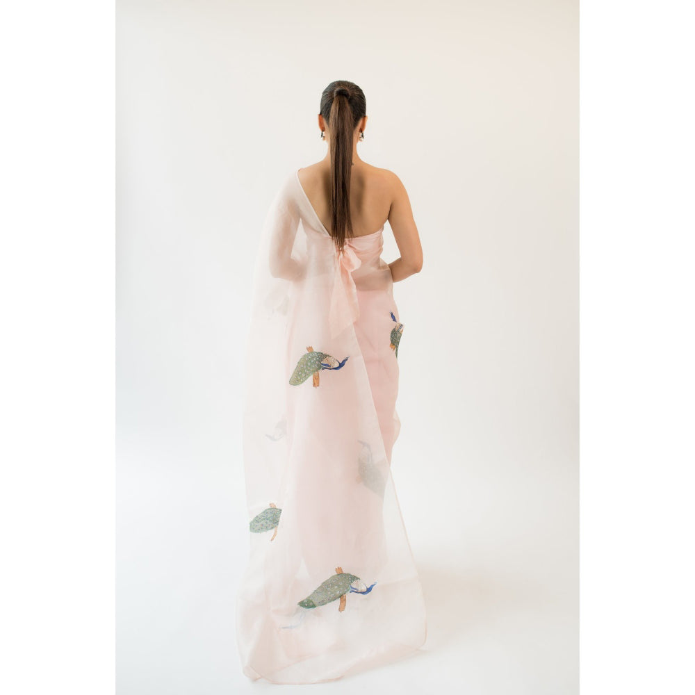 KAPARDARA The indian Peafowl Hand Painted Saree in Pink