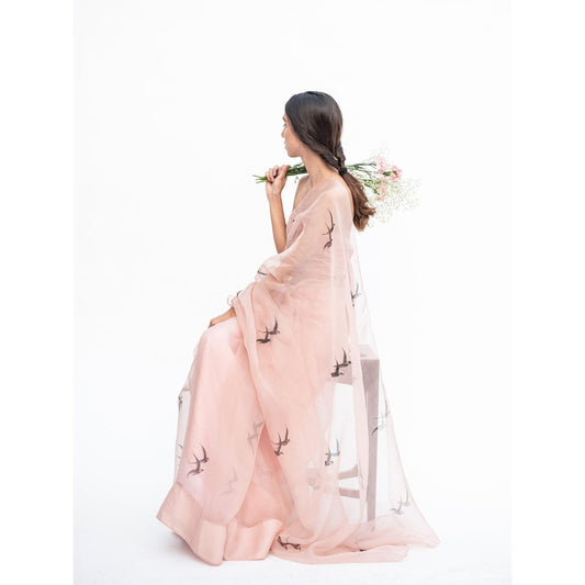 KAPARDARA Rose Pink Silhouette in The Sky Hand Painted Saree