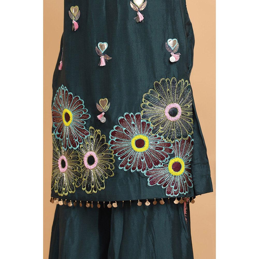 Arpita Sulakshana Bottle Green Silk Kurta Sharara with Dupatta (Set of 3)