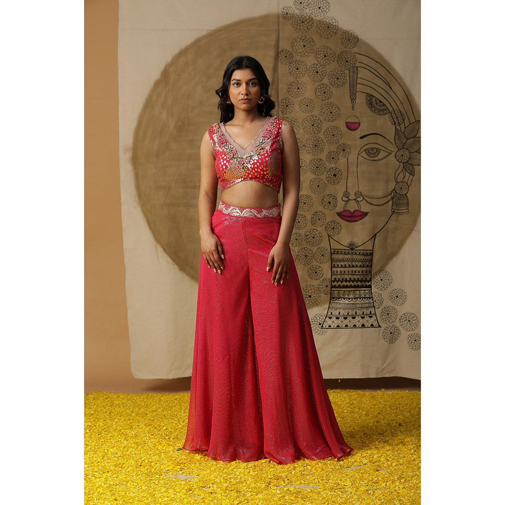 Arpita Sulakshana Red Doriwork Blouse Palazzo with Cape (Set of 3)