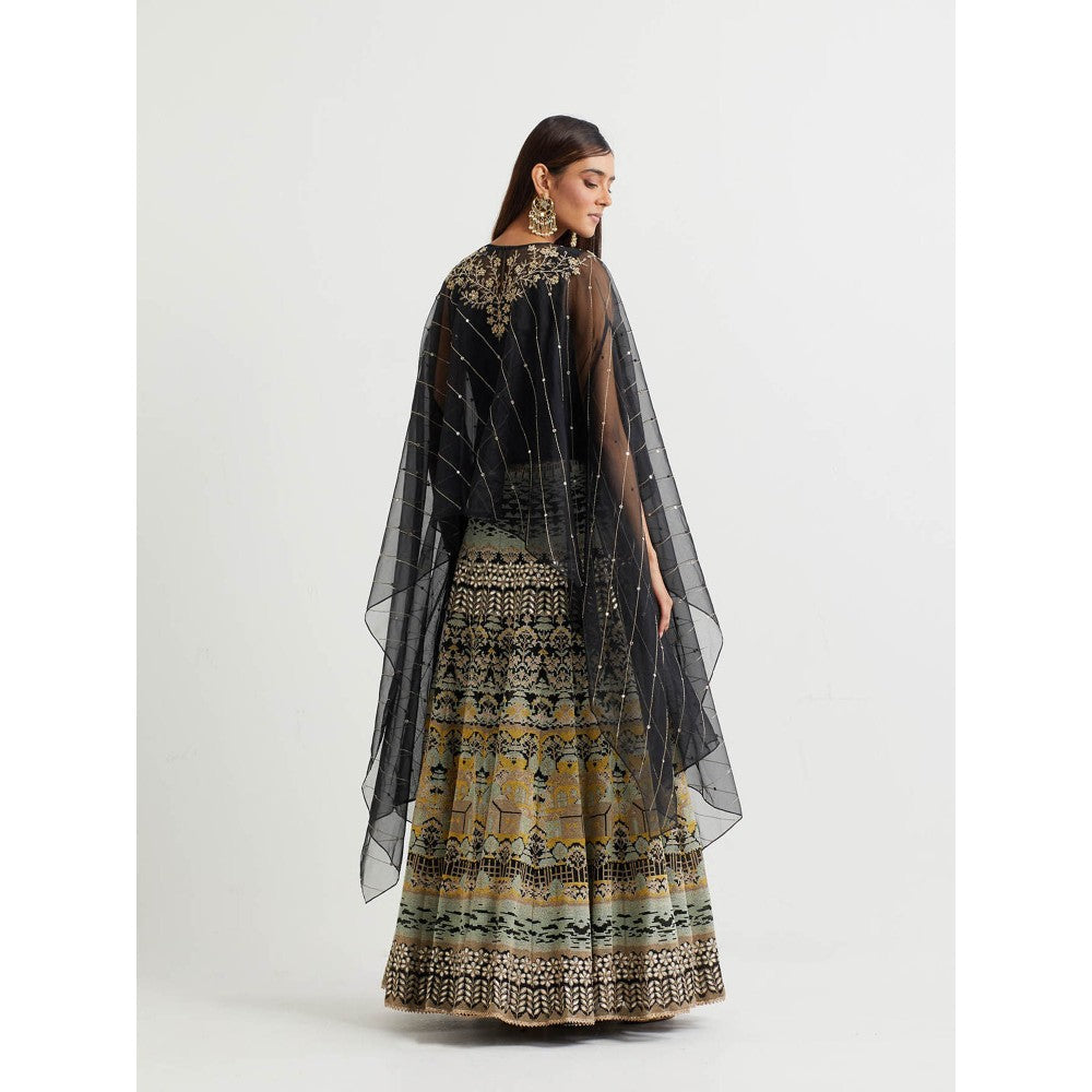 KAVITA BHARTIA Floral Cape with Skirt in Black (Set of 2)