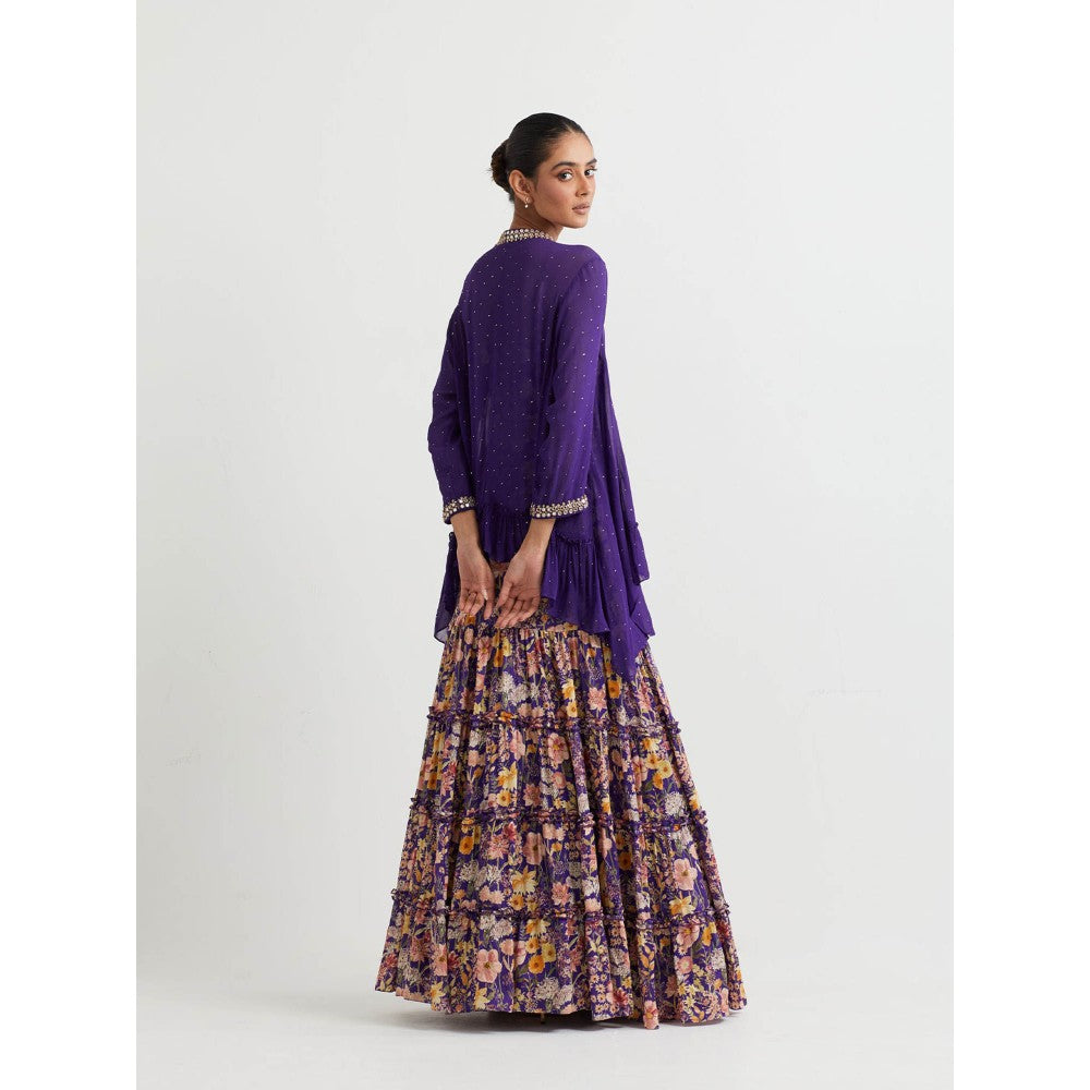 KAVITA BHARTIA Jacket with Floral Skirt in Purple (Set of 2)