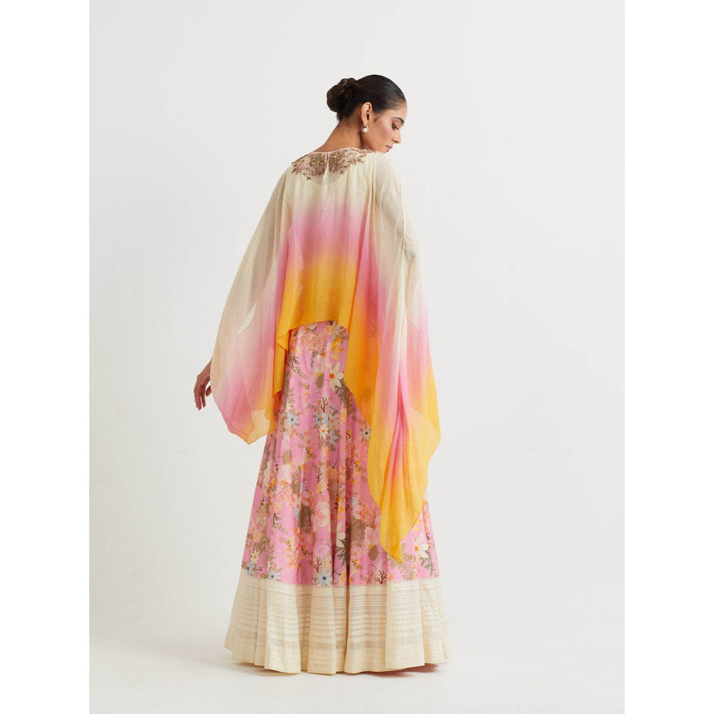 KAVITA BHARTIA Cape with Floral Skirt in Pink (Set of 2)
