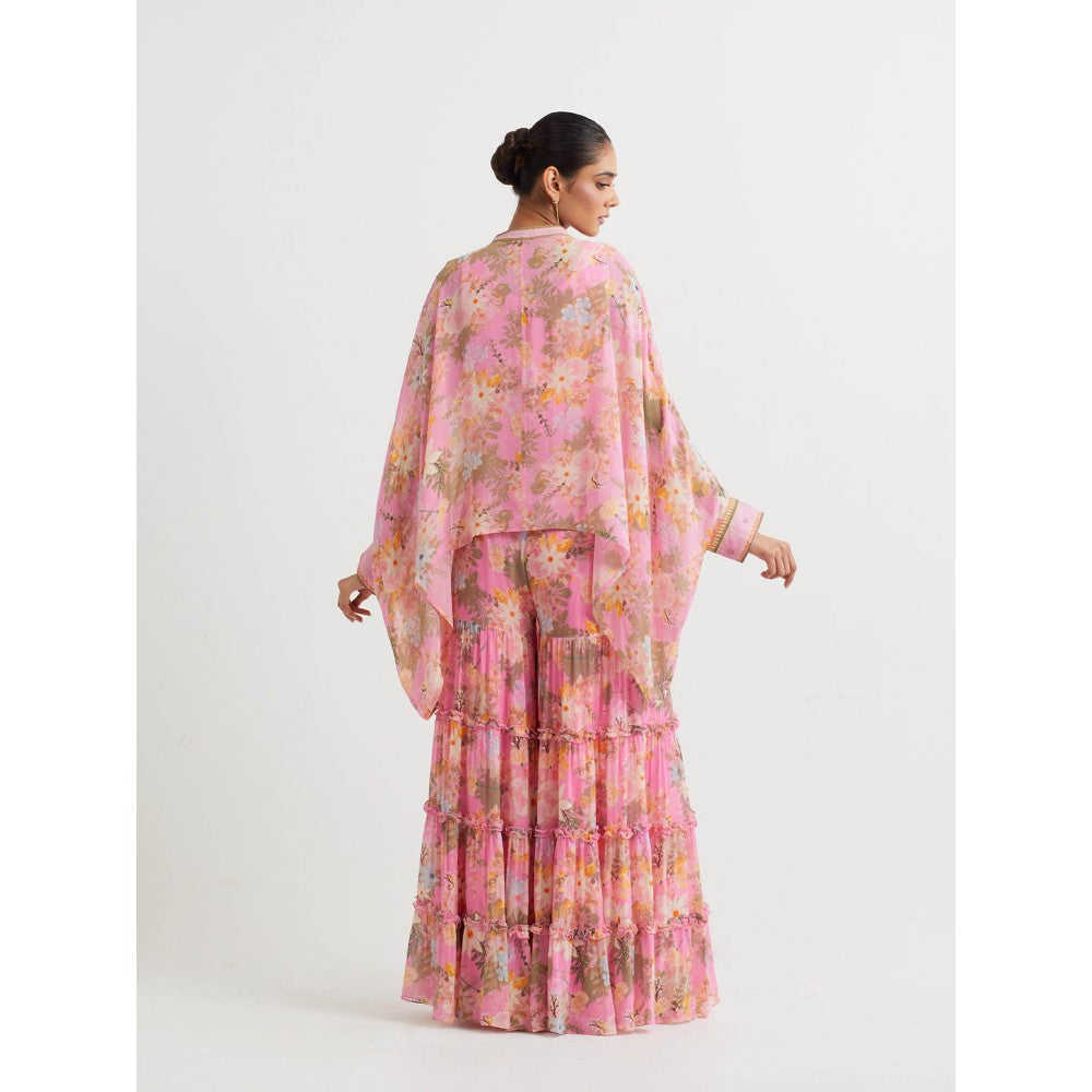 KAVITA BHARTIA Poncho with Floral Sharara in Pink (Set of 2)