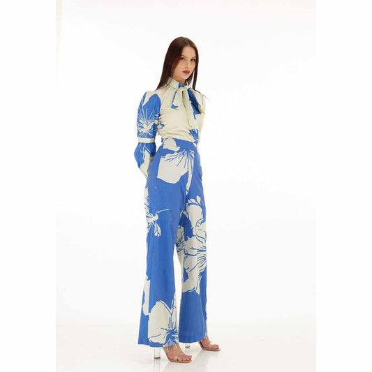 KoAi White and Blue Floral Bow Tie Shirt