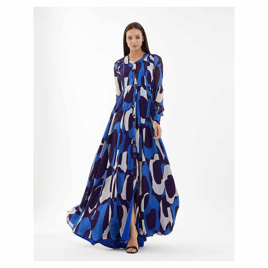 KoAi Blue and White Abstract Long Shirt Dress