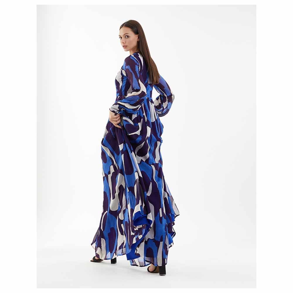 KoAi Blue and White Abstract Long Shirt Dress