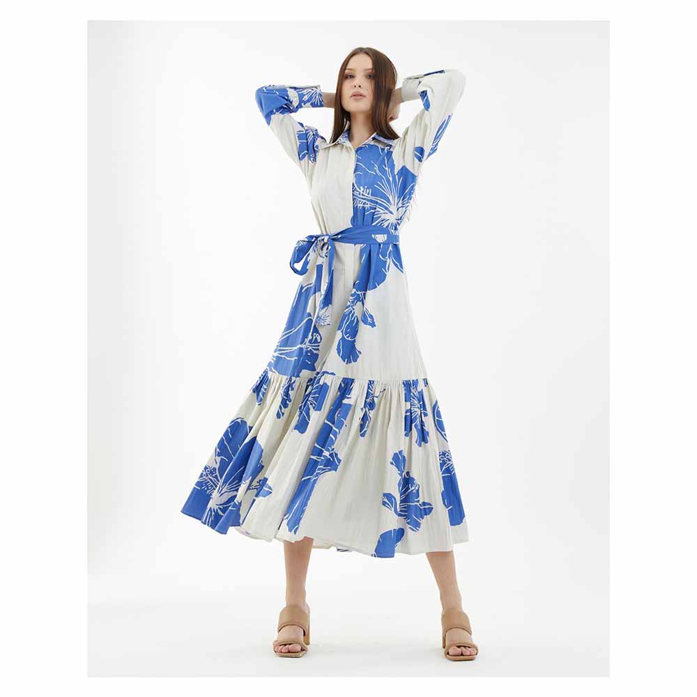 KoAi White and Blue Floral Single Tier Dress