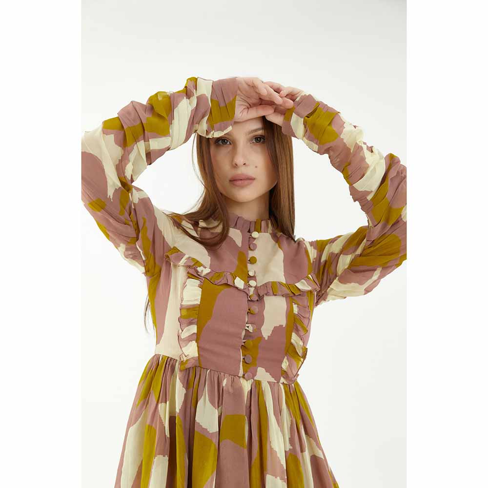 KoAi Peach, Mustard and Off-White Frill Short Dress