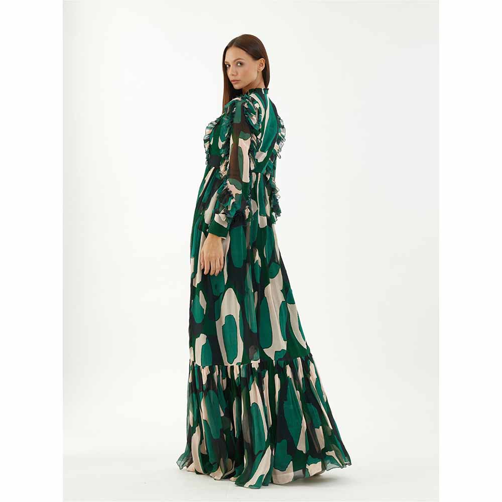 KoAi Green, Black and Off-White Abstract Frill Long Dress