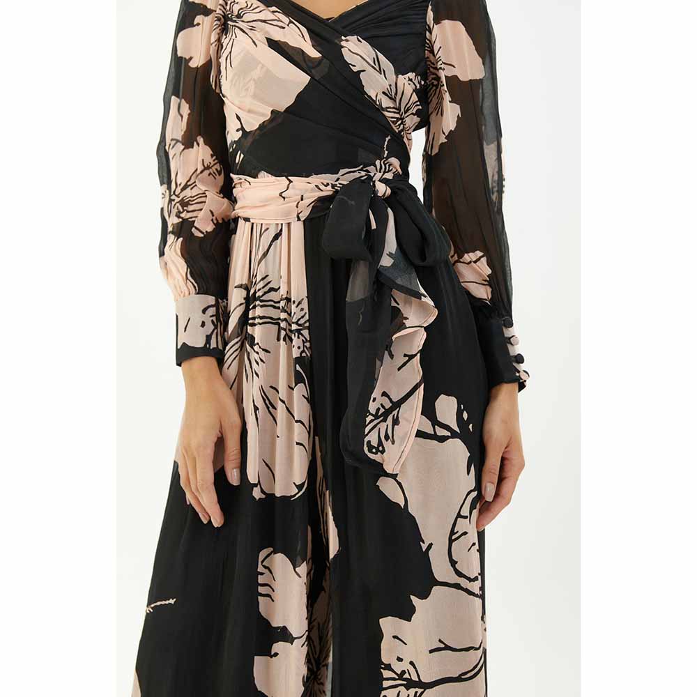 KoAi Black and Pink Floral Wrap Jumpsuit