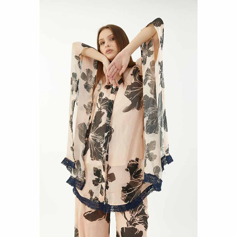 KoAi Pink and Black Floral Kaftan Top (Set of 2)