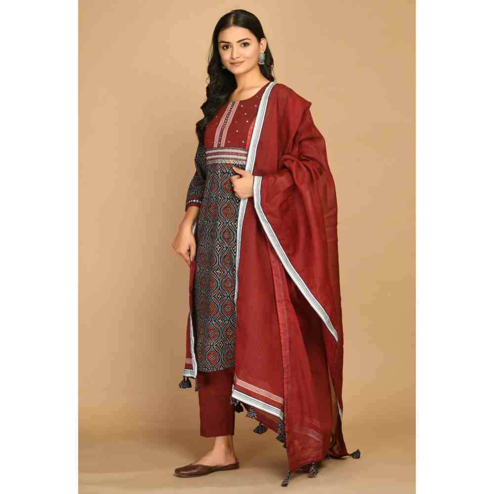 ✨Navrang ~ Ajrakh Long Skirt & Dupatta Set ~ Blue w/ Multicolored Dupatta