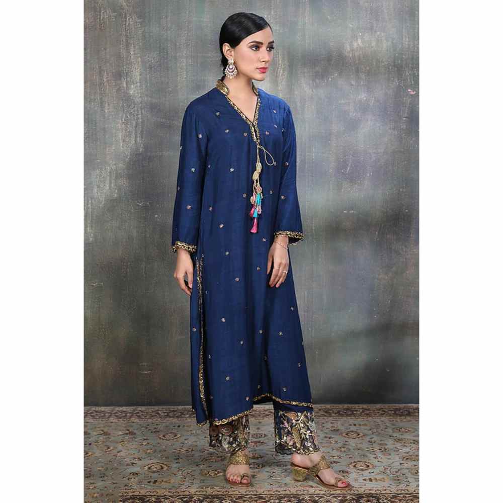 Label Niti Bothra Blue Mughal Jaal Kurta With Heavy Palazzo (Set of 2)