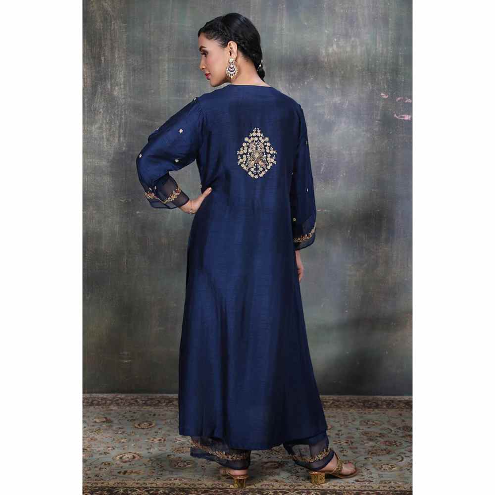Label Niti Bothra Blue Leaf Jaal Chunnat Kurta With Palazzo (Set of 2)