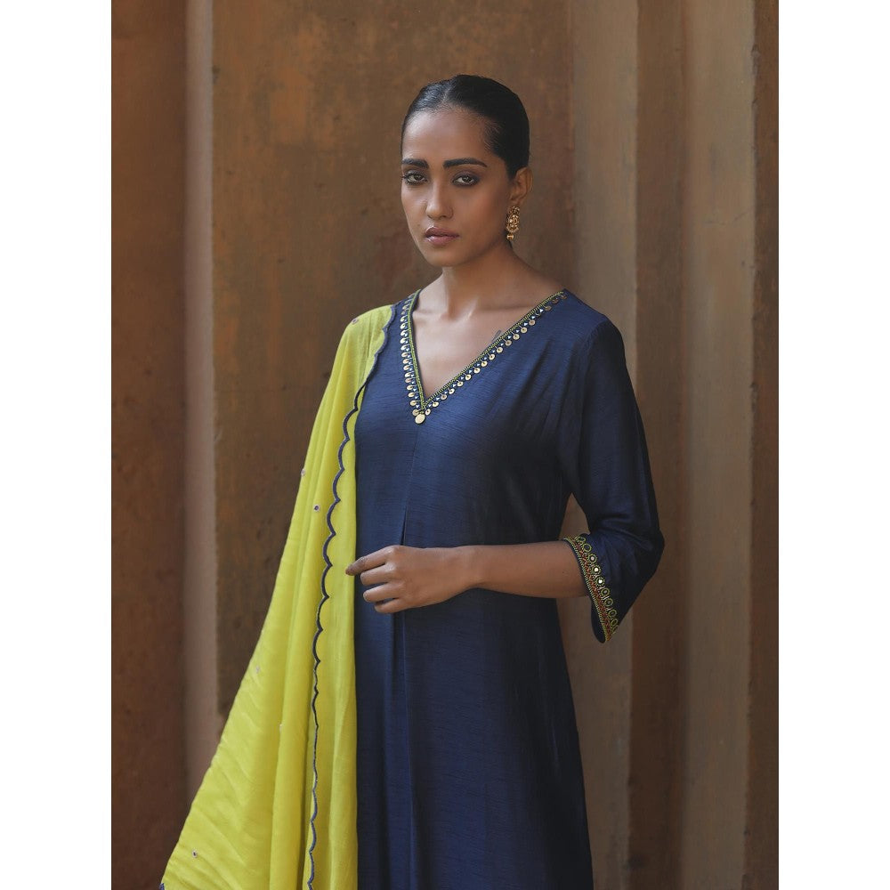 Label Kinjal Modi Navy Blue Kurta & Pant with Lime Green Dupatta (Set of 3)