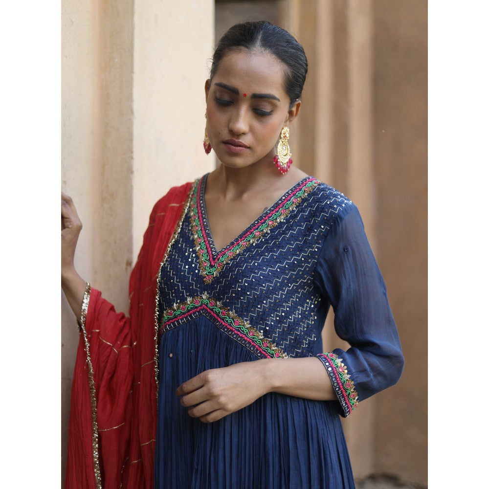 Label Kinjal Modi Fine Chanderi Kurta and Dupatta with Cupro Silk Pant-Navy Blue (Set of 3)