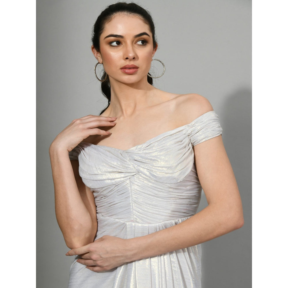 Sunanta Madaan Glammed Up - Knot Draped Gown in Light Silver Color