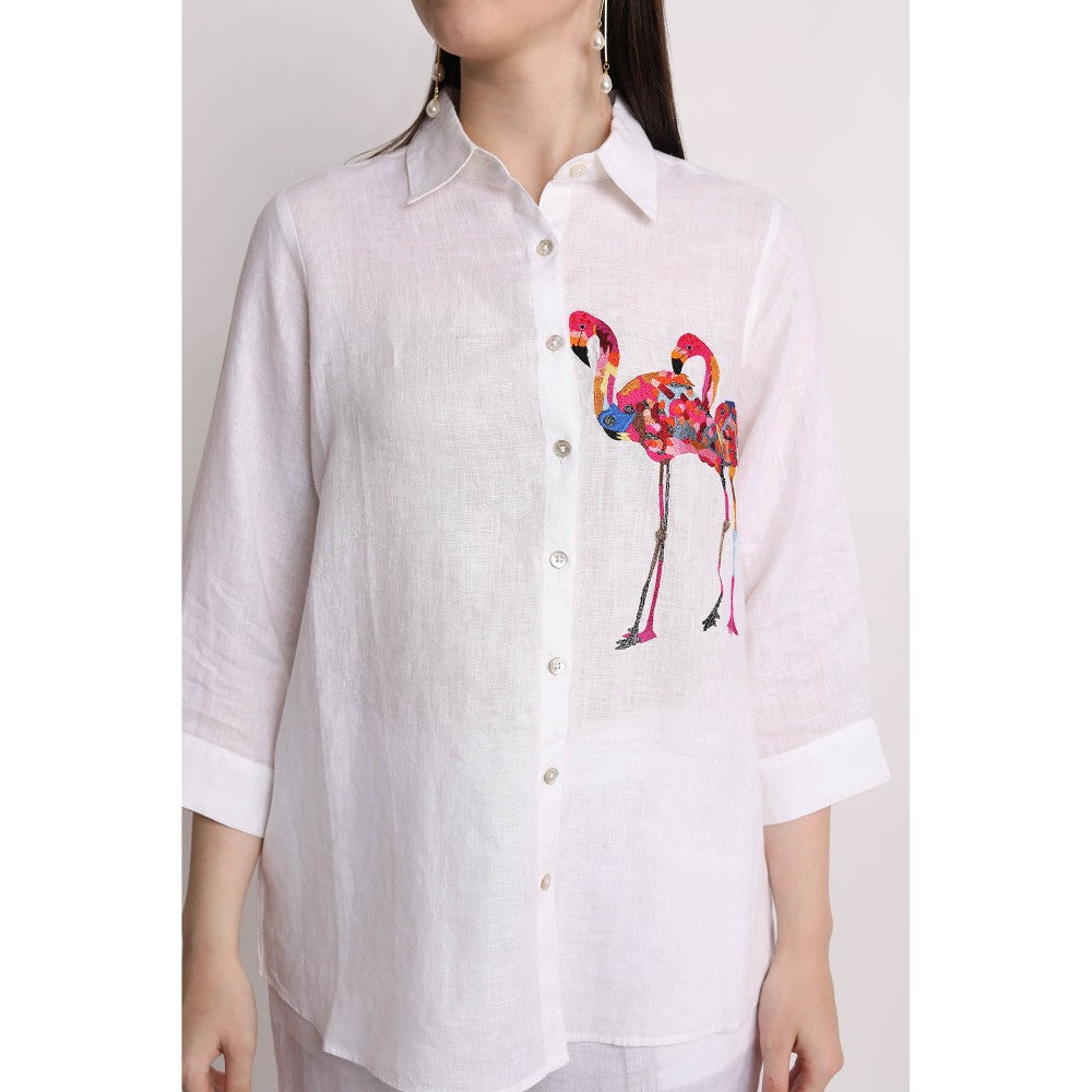 Linen Bloom White Flamingo Embroidered Shirt