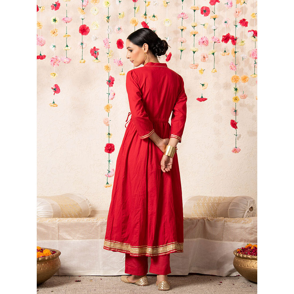 Maison Shefali Red Sorbet Angrakha Kurta (Set of 2)