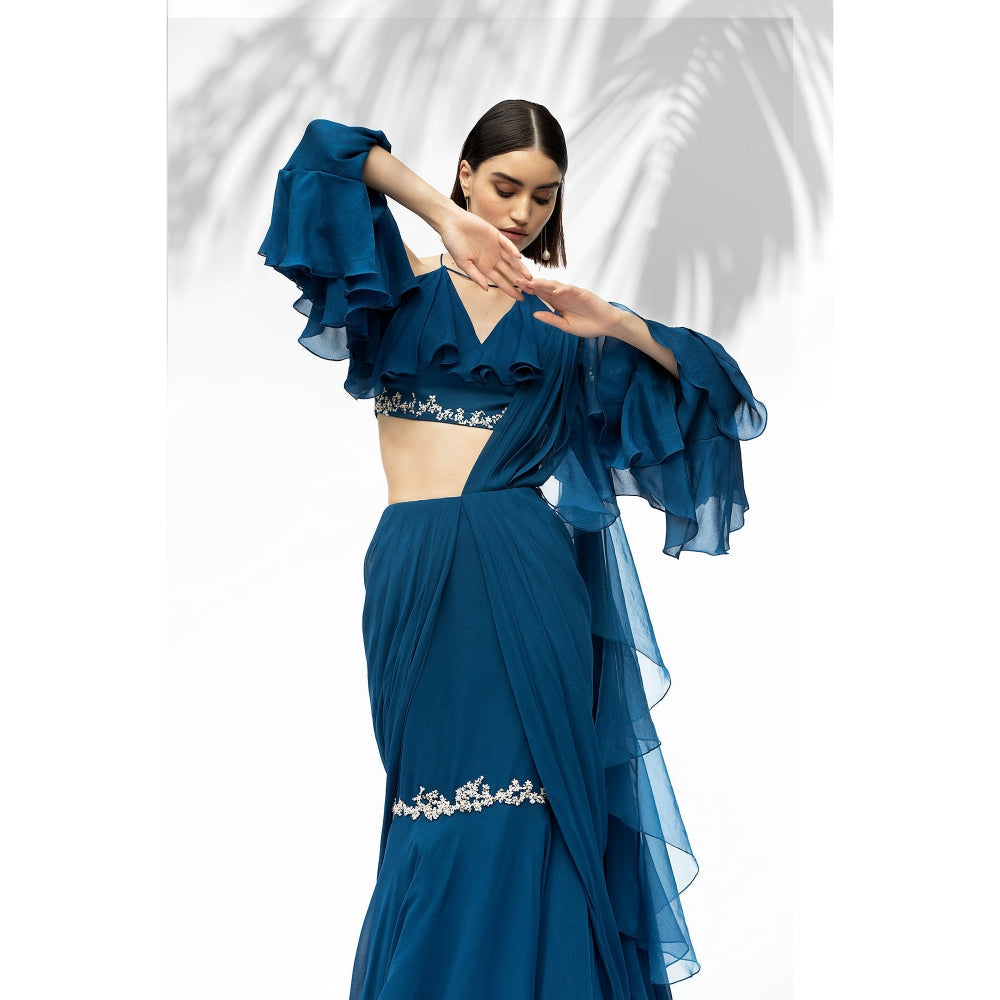 MANDIRA WIRK Saphire Blue Darpe Saree With Blouse (Set Of 2)