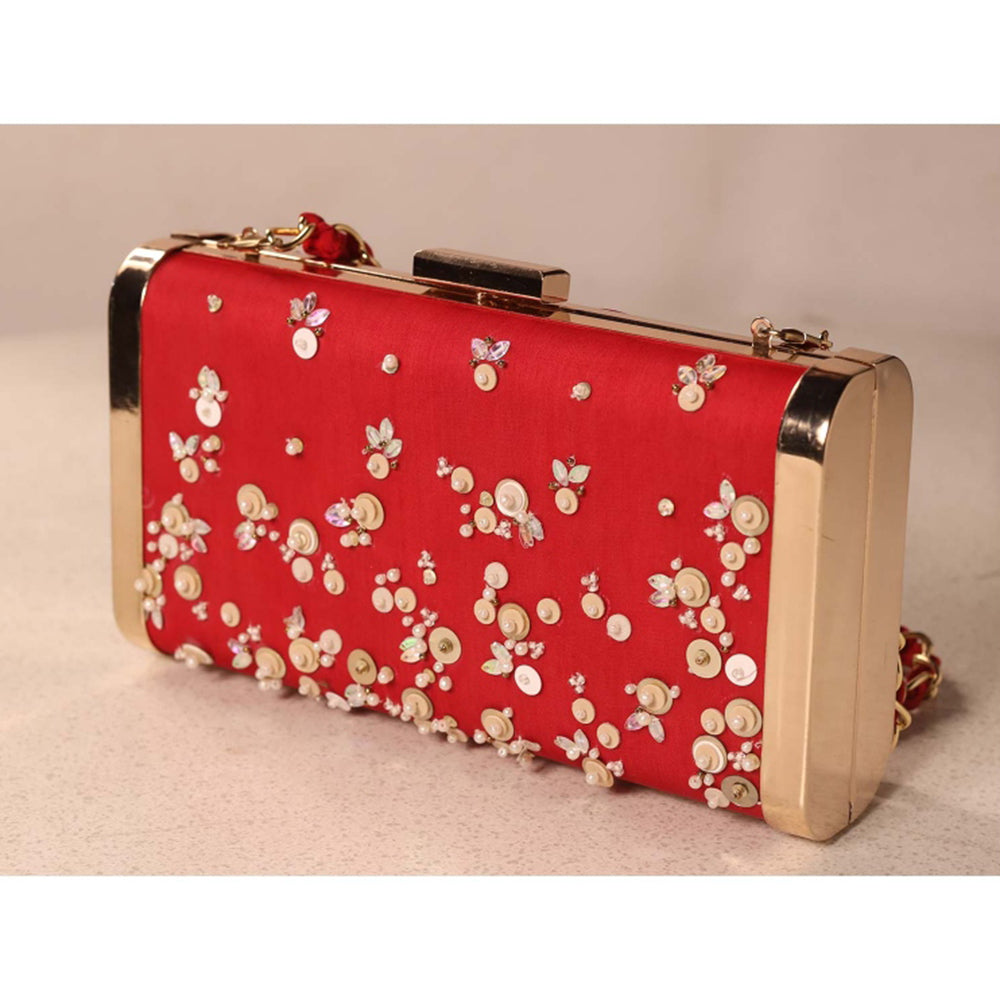 MANDIRA WIRK Red Hand Embroidered Clutch