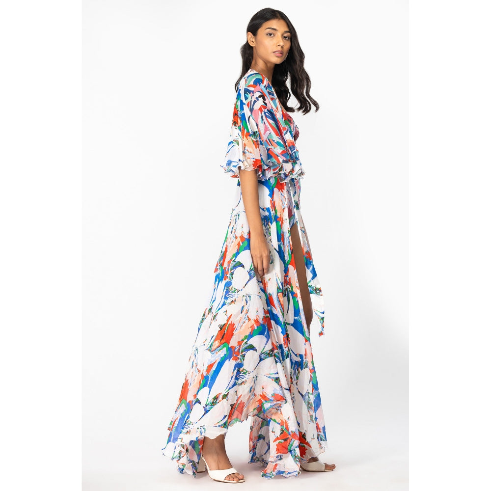 MANDIRA WIRK Lycra Printed Two Piece Bikini with Chiffon Cape Ivory & Blue (Set of 3)