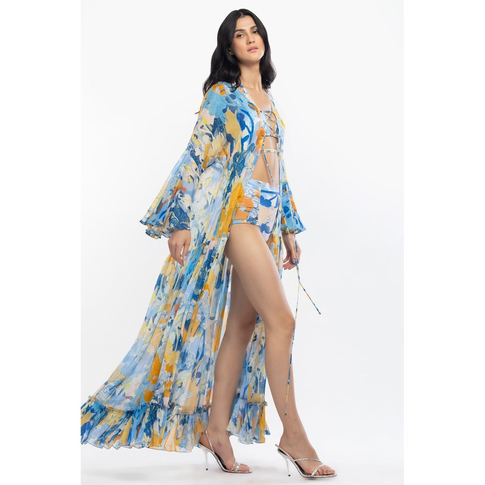 MANDIRA WIRK Lycra Printed Two Piece Bikini with Chiffon Cape Yellow & Blue (Set of 3)