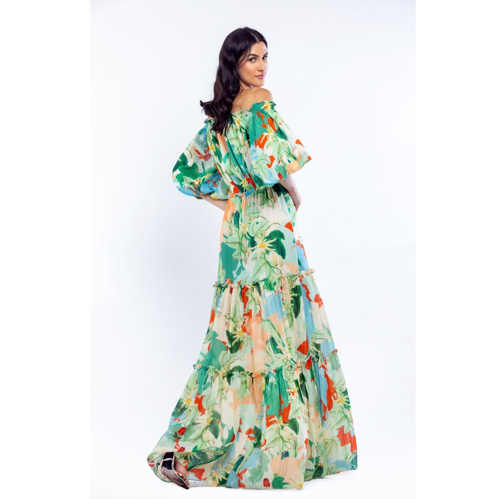 MANDIRA WIRK Cotton Lurex Printed Off Shoulder Long Dress Green
