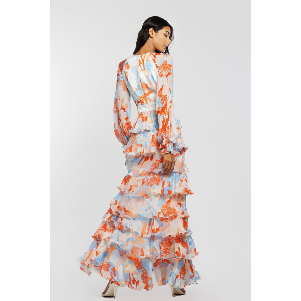 MANDIRA WIRK Chiffon Printed Long Layered Dress Ivory & Orange