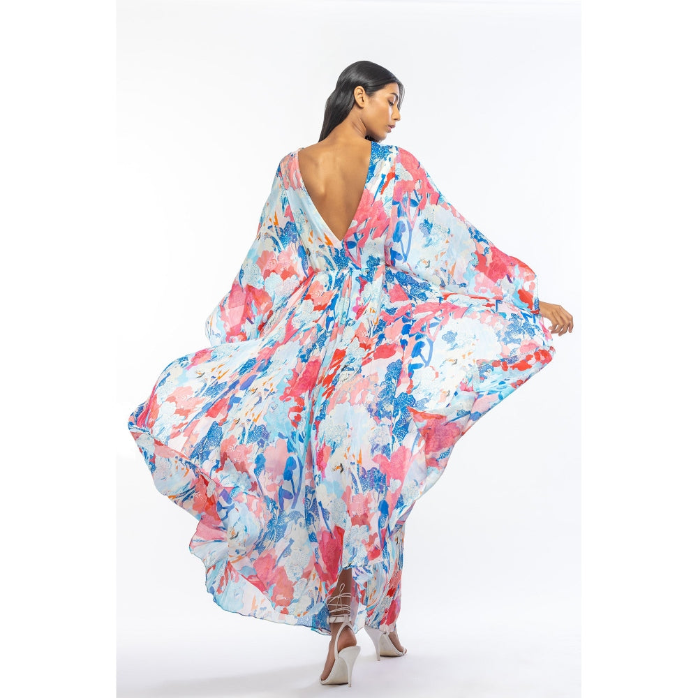 MANDIRA WIRK Chiffon Printed Pleated Kaftan with Belt and Slip Blue & Pink (Set of 3)