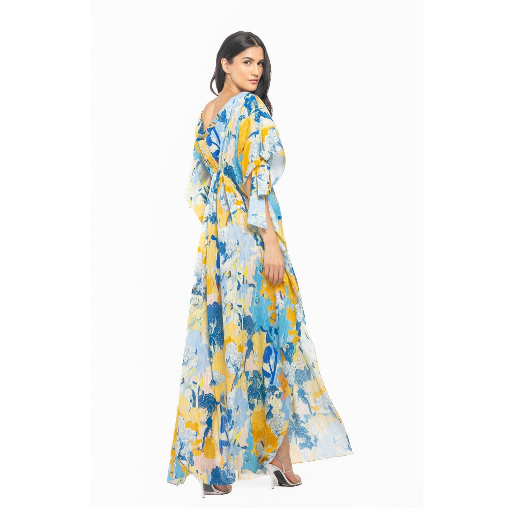 MANDIRA WIRK Cotton Lurex Printed Kaftan Yellow & Blue