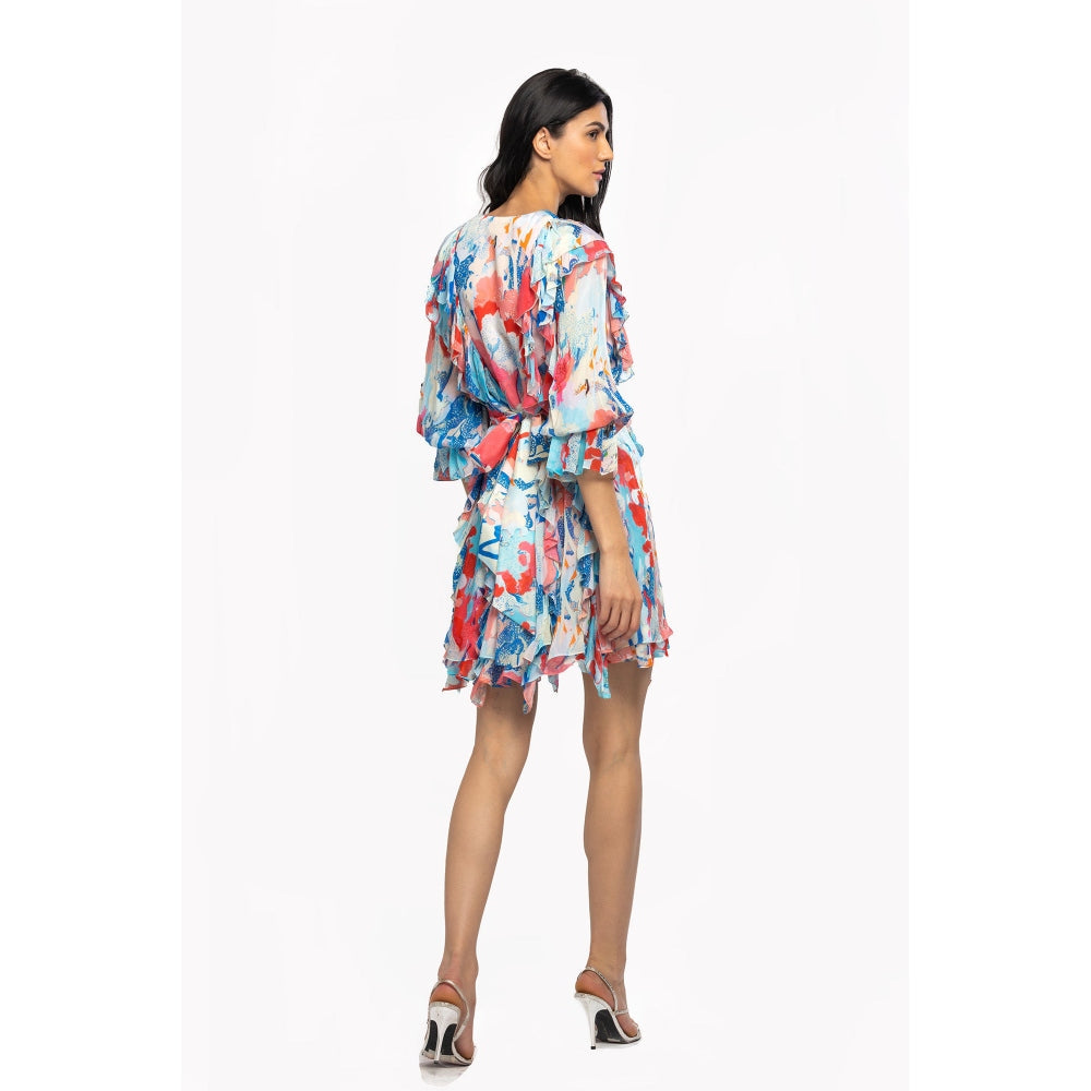 MANDIRA WIRK Chiffon Printed Short Frilled Dress with Belt Pink & Blue (Set of 2)
