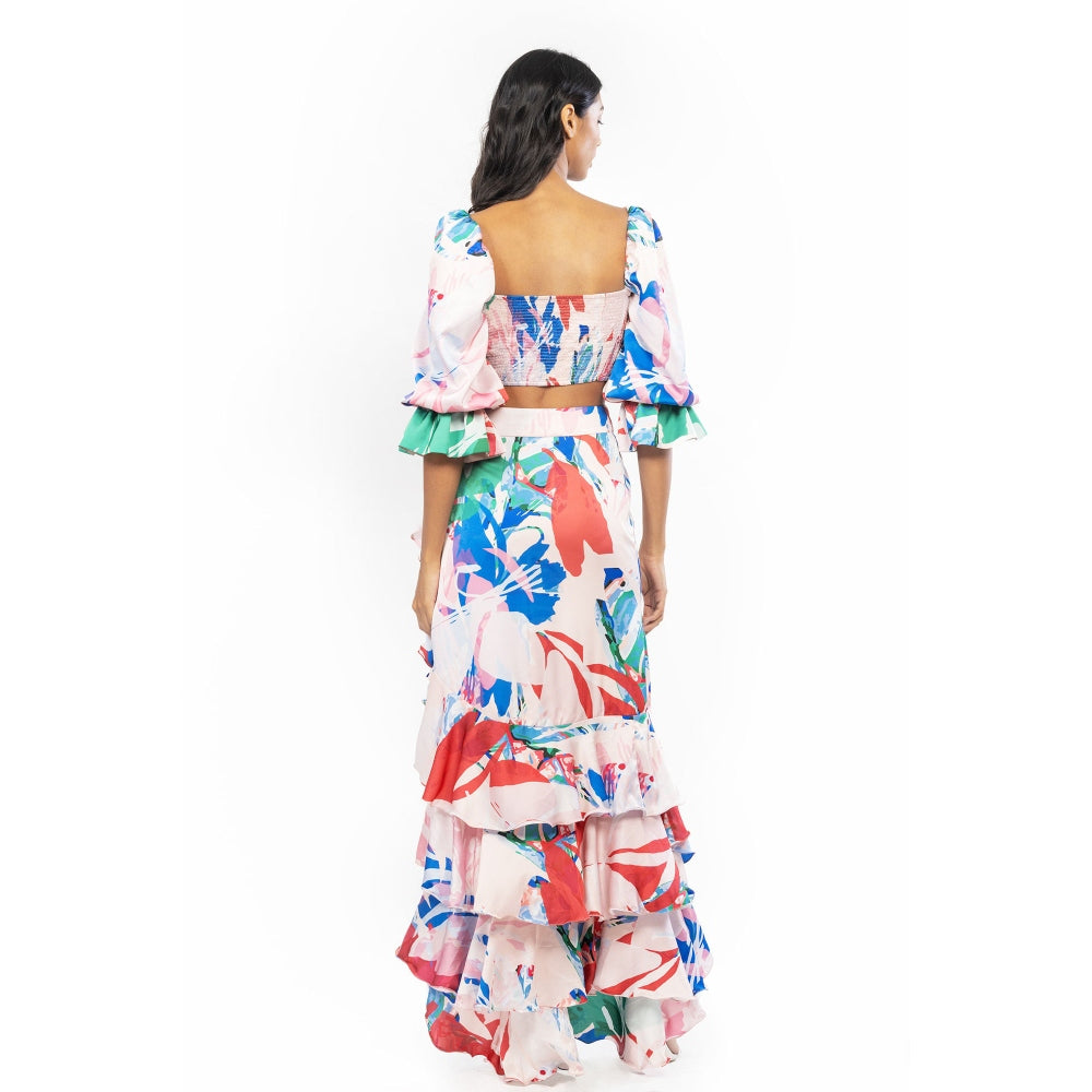 MANDIRA WIRK Satin Printed Rooshed Crop Top with High Low Skirt Beige & Red (Set of 2)